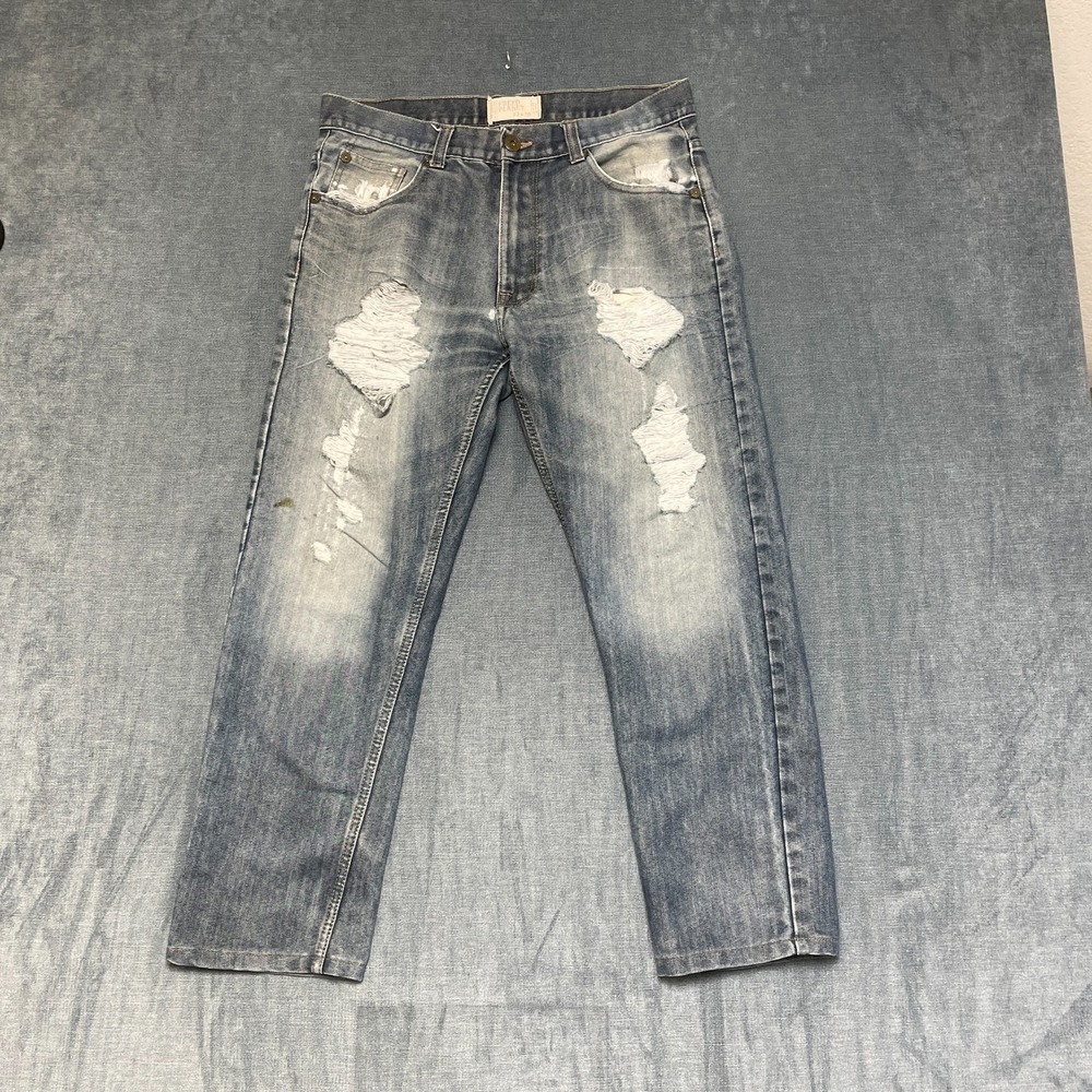 Free Planet Jeans Mens 33 Blue Denim Cotton Straight Leg Medium Wash Distressed